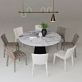 Round Marble Dining Table Set With Striped And White Chairs And Hanging Light 3d model