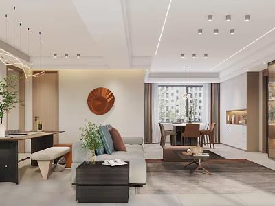 Modern Living and Dining Area With Sofa Coffee Table Dining Set Circular Decor And Plants 3d model