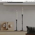 Two Black Candle Lamps With Metal Holders And Geometric Decor On Wooden Shelf Gray Wall