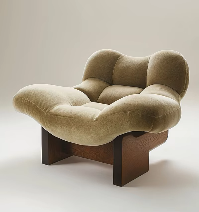 Plush Beige Leisure Chair With Curved Cushions And Sturdy Wooden Base 3d model