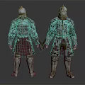 Two Medieval Armor Clad Figures With Rusted Metallic Plates Red Cape And Worn Details