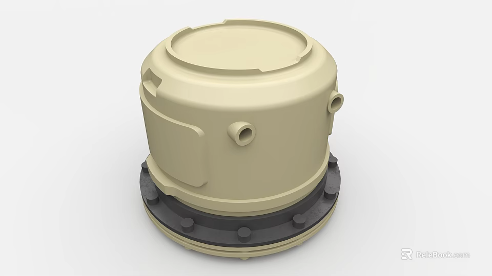 Beige Cylindrical Industrial Equipment With Top Cover Side Ports And Black Base 3d model 