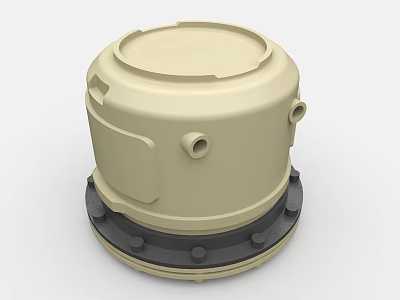 Beige Cylindrical Industrial Equipment With Top Cover Side Ports And Black Base 3d model