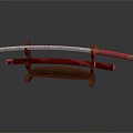 Japanese Katana Sword On Wooden Display Stand With Red Handle And Metal Blade