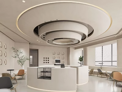 Modern Light Luxury Bubble Tea Shop Interior With Circular Ceiling White Counter And Green Plants 3d model