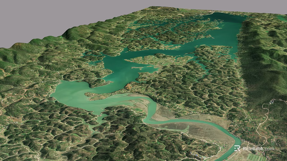 Natural Garden Landscape With River Lake Green Mountains And Dense Vegetation 3d model 