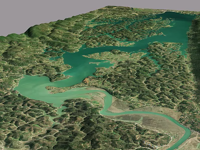 Natural Garden Landscape With River Lake Green Mountains And Dense Vegetation 3d model