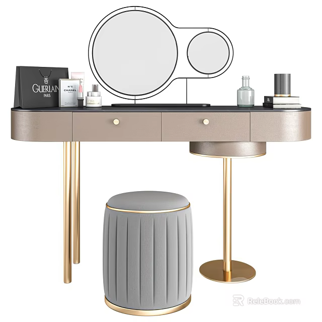 Modern Dressing Table With Round Mirror Gold Legs And Grey Stool 3d model