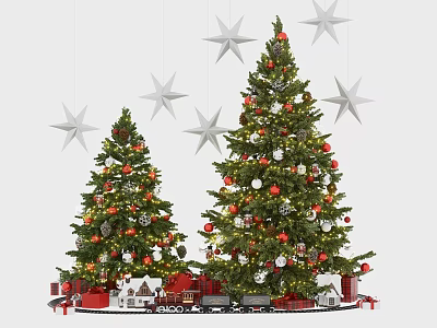 Festive Christmas Scene With Two Decorated Trees Hanging Star Ornaments Gift Boxes And Miniature Houses 3d model