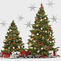 Festive Christmas Scene With Two Decorated Trees Hanging Star Ornaments Gift Boxes And Miniature Houses
