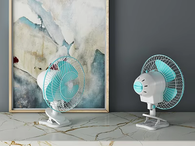 Two White And Light Blue Air Conditioning Fans On Marble Countertop With Abstract Painting 3d model