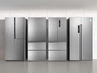Four Silver Refrigerators Freezers Side by Side Modern Kitchen Interior with White Wall and Gray Floor 3d model