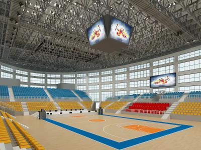 Modern Basketball Gym Interior Design With Wooden Court Colorful Seats And Big Screens 3d model