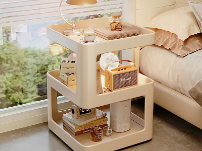 Modern Light Colored Bedside Table With Multi Tier Shelves Table Lamp Books Radio Glass 3d model