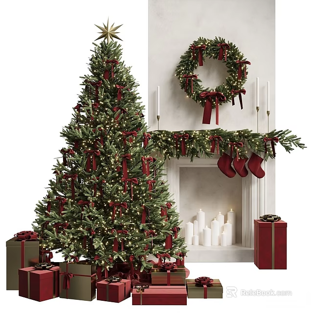 Festive Christmas Fireplace Decor With Wreath Stockings Candles Tree And Gifts 3d model 