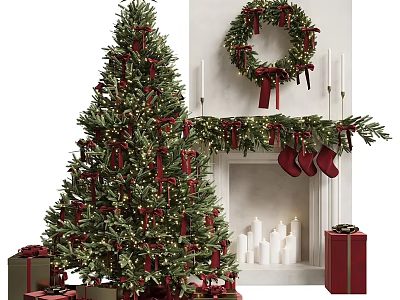 Festive Christmas Fireplace Decor With Wreath Stockings Candles Tree And Gifts 3d model