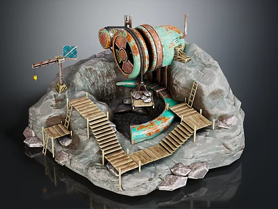 Vintage Industrial Scene With Rusted Green Machinery Rocky Mountain Wooden Stairs Platforms And Signpost 3d model