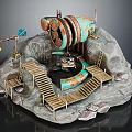 Vintage Industrial Scene With Rusted Green Machinery Rocky Mountain Wooden Stairs Platforms And Signpost