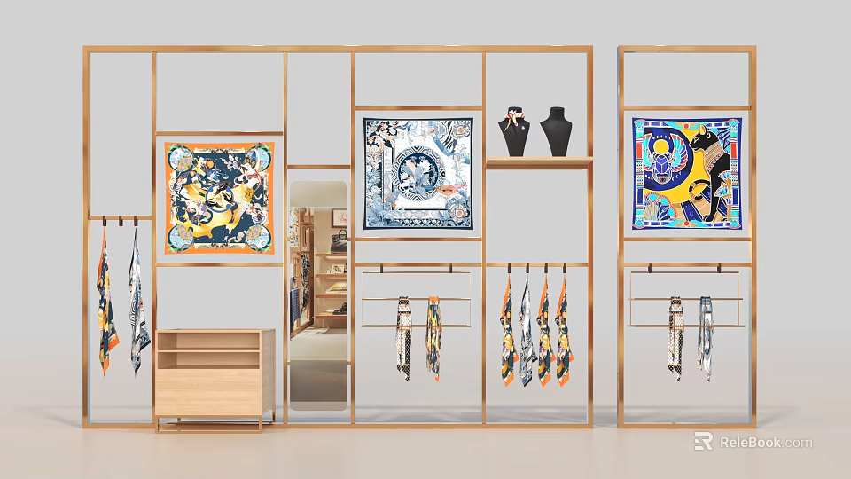 Elegant Display Space With Golden Frame Racks Colorful Scarves Decorative Paintings And Black Vases 3d model 