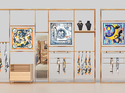Elegant Display Space With Golden Frame Racks Colorful Scarves Decorative Paintings And Black Vases 3d model
