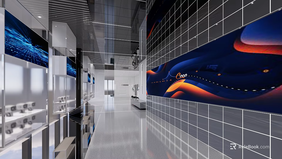 Modern Hi tech Exhibition Hall Interior With Large Mural And Grid Patterned Walls 3d model 