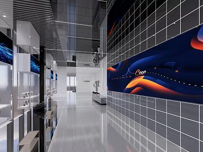 Modern Hi tech Exhibition Hall Interior With Large Mural And Grid Patterned Walls 3d model
