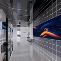 Modern Hi tech Exhibition Hall Interior With Large Mural And Grid Patterned Walls