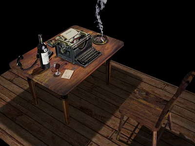 Vintage Wooden Table and Chair Set with Old Typewriter Wine Bottle and Ashtray 3d model