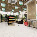 Modern Life Supermarket Exterior With Glass Facade Entrance Shelves And Bench For Daily Necessities