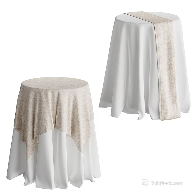 Elegant Round Dining Table Setup With White Tablecloth And Beige Decorative Runner 3d model 