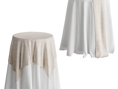 Elegant Round Dining Table Setup With White Tablecloth And Beige Decorative Runner 3d model