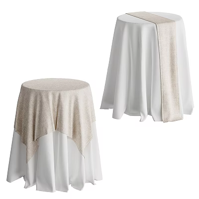 Elegant Round Dining Table Setup With White Tablecloth And Beige Decorative Runner 3d model