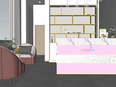 Modern Hair and Beauty Salon Interior Design With Comfortable Sofas And Product Shelves 3d model