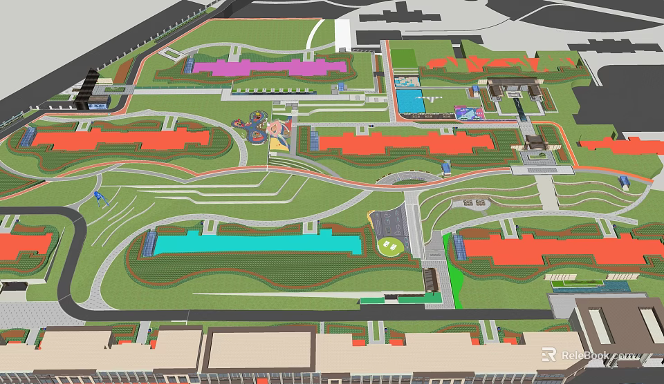Modern Pergola Design In Community Park With Green Spaces Pathways And Colorful Landscape Features 3d model 