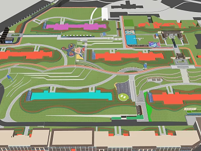 Modern Pergola Design In Community Park With Green Spaces Pathways And Colorful Landscape Features 3d model