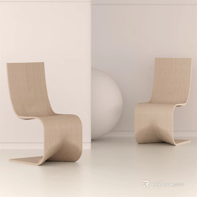 Light Wooden Leisure Chairs With Modern Curved Lines Against Light Walls And White Spherical Decor 3d model 