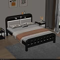 Modern Double Bed With Black and White Headboard Wooden Frame Nightstand and Decorative Wall Art Items