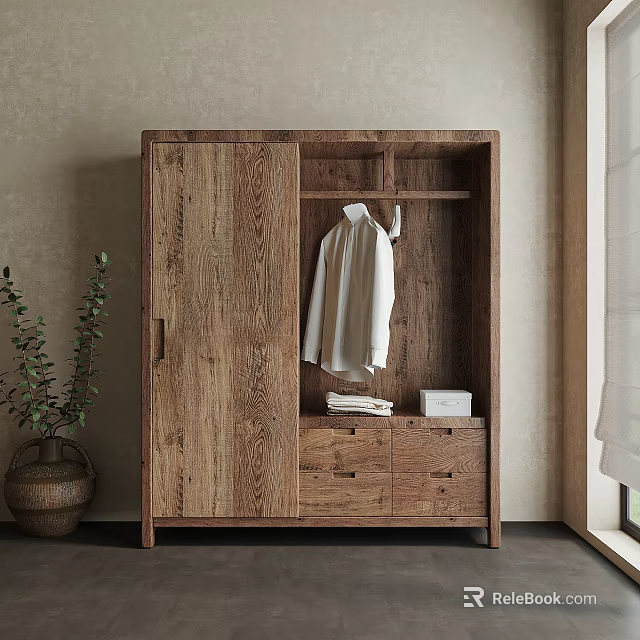 Wooden Wardrobe With Open Section Hanging White Shirt Drawers Folded Items And Potted Plant 3d model 