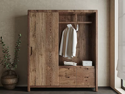 Wooden Wardrobe With Open Section Hanging White Shirt Drawers Folded Items And Potted Plant 3d model