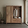 Wooden Wardrobe With Open Section Hanging White Shirt Drawers Folded Items And Potted Plant