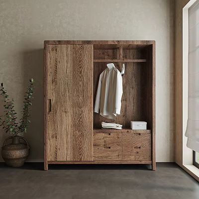 Wooden Wardrobe With Open Section Hanging White Shirt Drawers Folded Items And Potted Plant 3d model