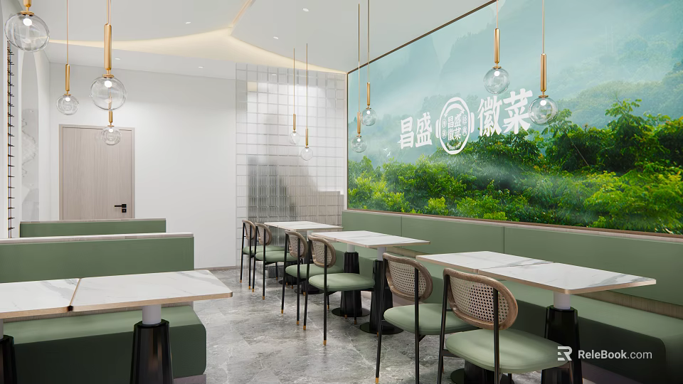 Changsheng Huizhou Cuisine Restaurant Interior With Green Wall Pendant Lights And Tables Chairs 3d model 