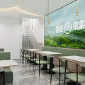 Changsheng Huizhou Cuisine Restaurant Interior With Green Wall Pendant Lights And Tables Chairs