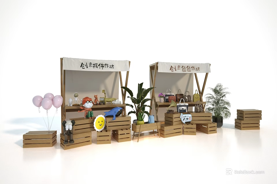 Creative Handcraft Experience Stations With Wooden Displays Balloons Ornaments And Plants 3d model 