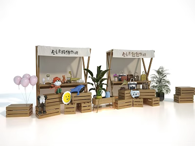 Creative Handcraft Experience Stations With Wooden Displays Balloons Ornaments And Plants 3d model
