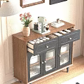 Wooden Sideboard With Drawers Glass Doors And Vase Coffee Machine On Top