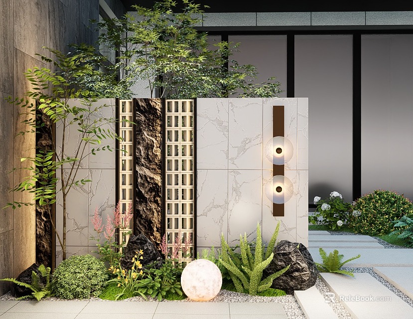 Contemporary Feature Wall Design With Marble Lattice Panels Integrated Lighting And Greenery 3d model 