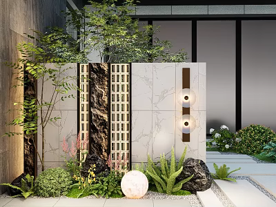 Contemporary Feature Wall Design With Marble Lattice Panels Integrated Lighting And Greenery 3d model