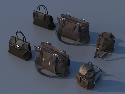 Brown Leather Luggage Bags With Various Styles Including Handbags Briefcases Backpacks And Metal Buckles 3d model