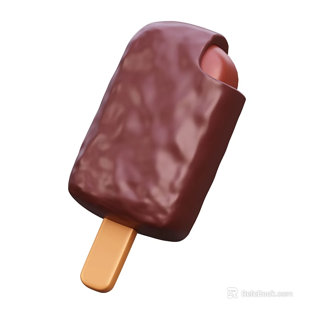 Chocolate Covered Ice Cream Bar With Wooden Stick And Red Filling 3d model 